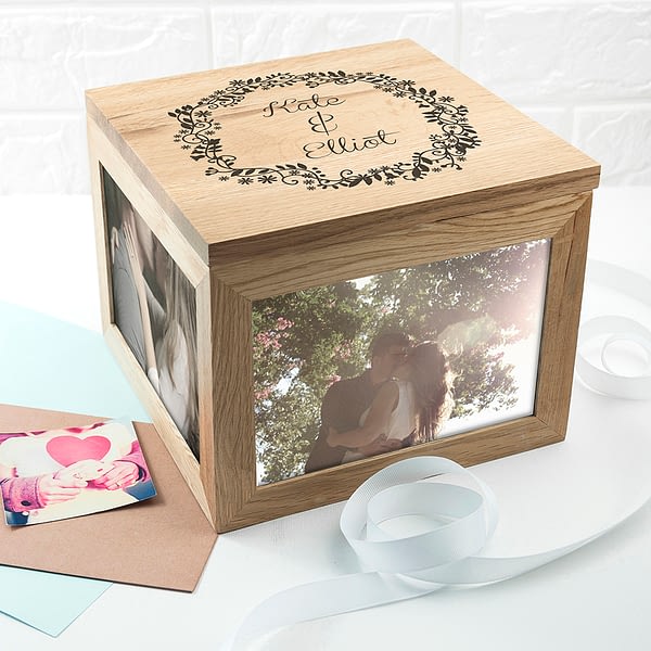 Couples' Oak Photo Keepsake Box with Floral Frame