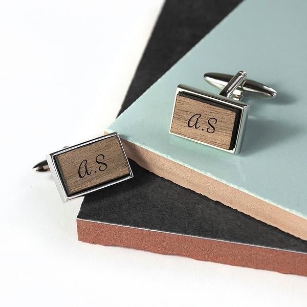 Monogram Engraved Rectangle Walnut Cufflinks