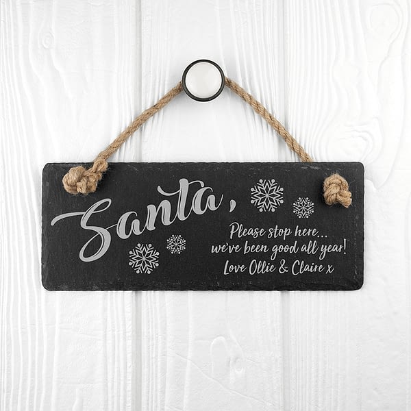 Personalised Santa Please Stop Here Slate Hanging Sign