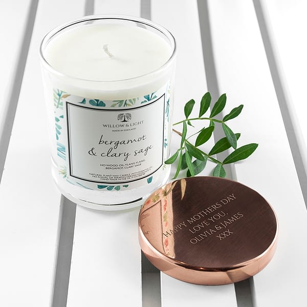 Personalised Bergamot & Clary Sage Candle With Copper Lid