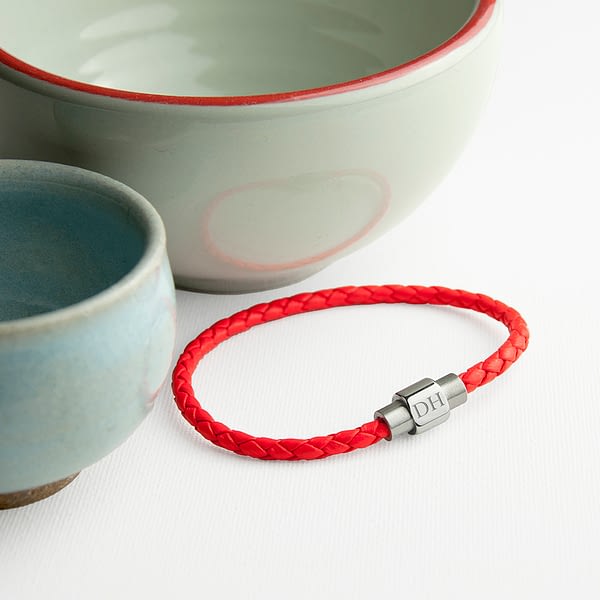 Personalised Unisex Woven Leather Bracelet In Scarlet Red