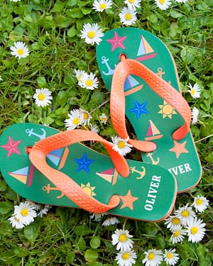 All The Fun At The Beach Child's Personalised Flip Flops In Green