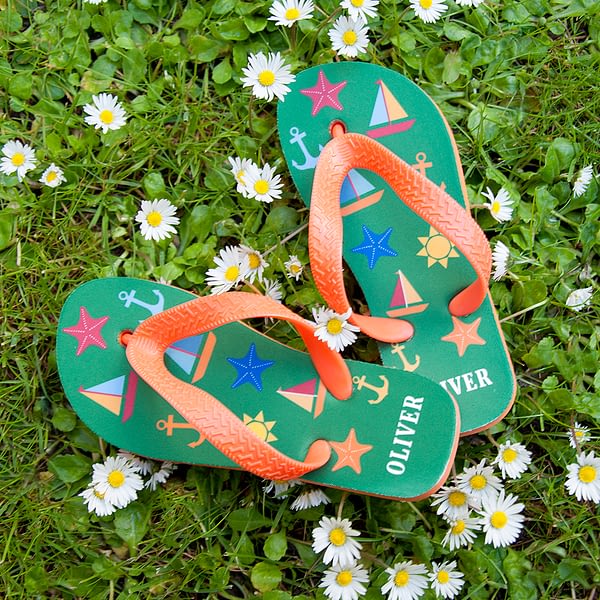 All The Fun At The Beach Child's Personalised Flip Flops In Green