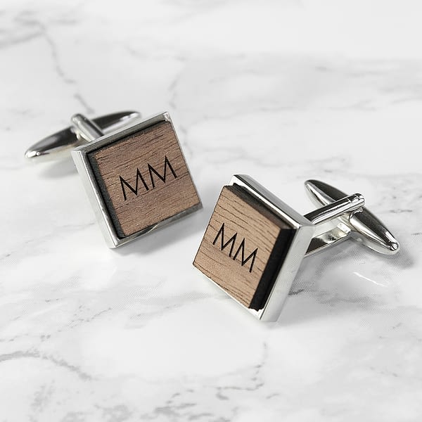 Monogram Engraved Square Walnut Cufflinks