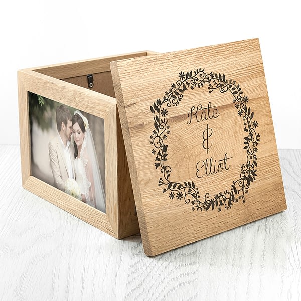 Couples' Oak Photo Keepsake Box with Floral Frame