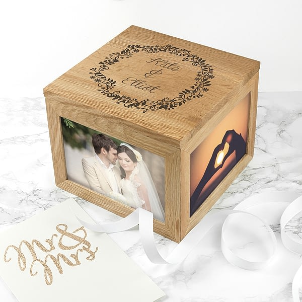 Couples' Oak Photo Keepsake Box with Floral Frame