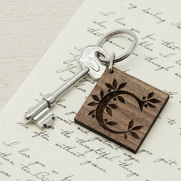 Square Wooden Key Ring - Initial decorated with leaves