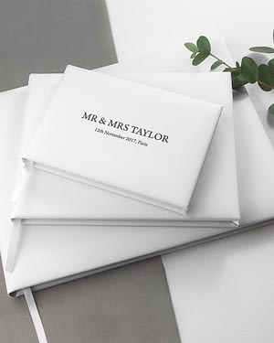 Engraved White Leather Wedding Guest Book