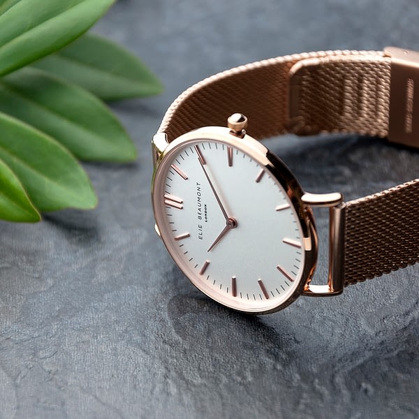 Personalised Rose Gold Mesh Strapped Watch With White Dial