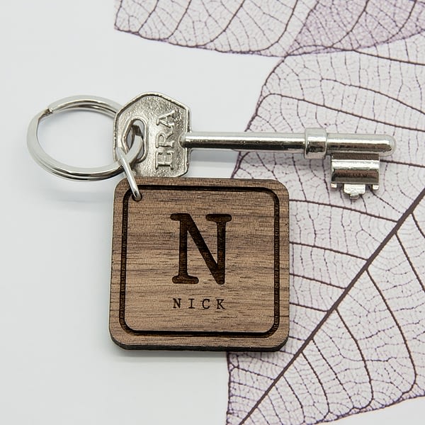 Square Wooden Key Ring - Initial and Name