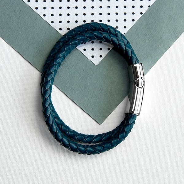 Personalised Men's Dual Leather Woven Bracelet in Teal