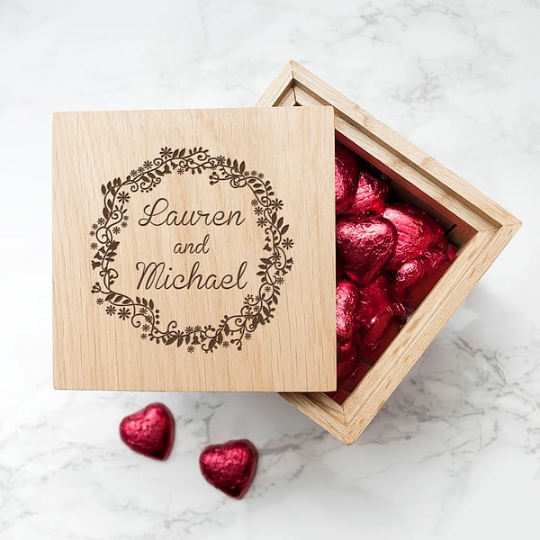 Personalised Romantic Floral Frame Oak Photo Cube