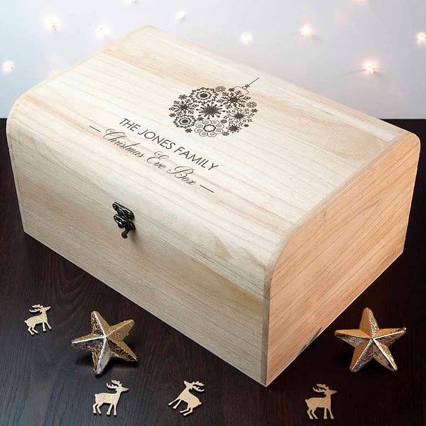 Personalised Family Christmas Eve Chest With Decorative Bauble Design