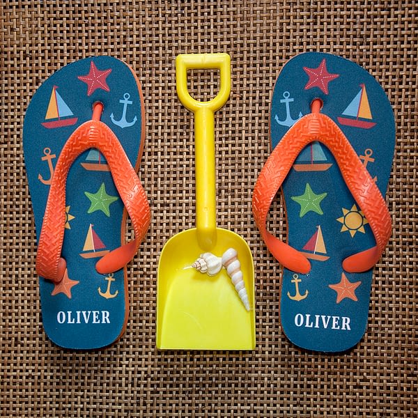 All The Fun At The Beach Child's Personalised Flip Flops In Navy