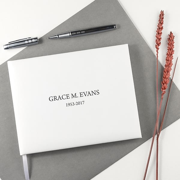 Engraved White Leather Memoriam Book