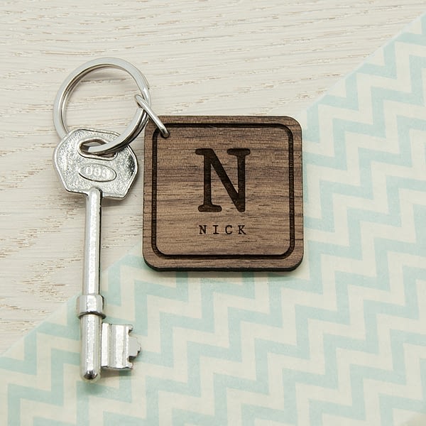 Square Wooden Key Ring - Initial and Name