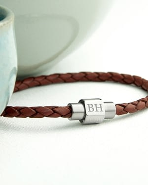 Personalised Men's Woven Leather Bracelet in Burnt Sienna