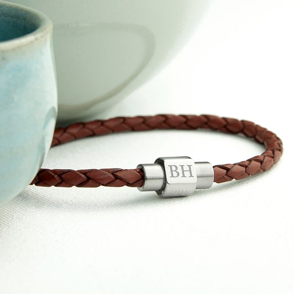 Personalised Men's Woven Leather Bracelet in Burnt Sienna