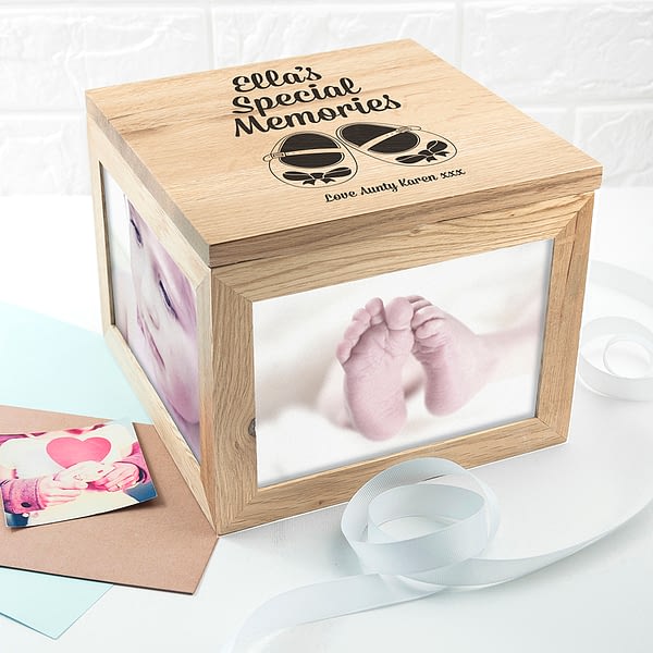 Baby Shoes Oak Photo Keepsake Box