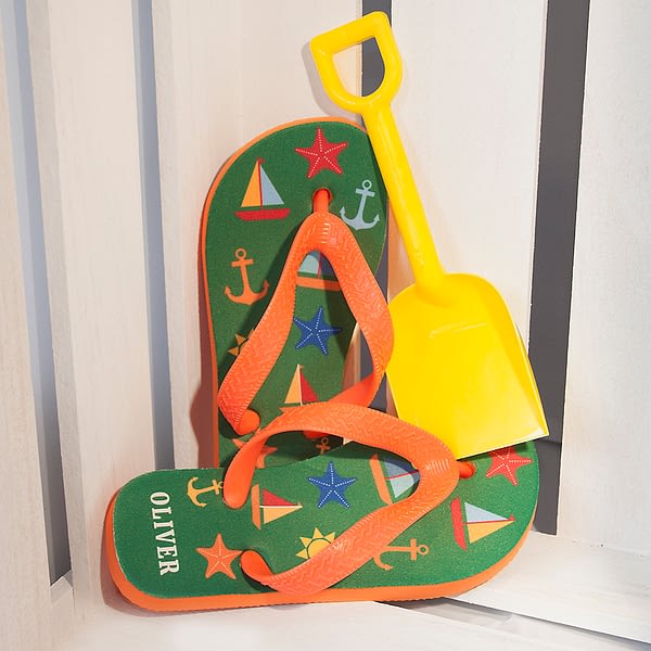 All The Fun At The Beach Child's Personalised Flip Flops In Green