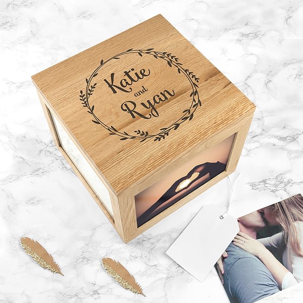 Couple's Oak Photo Keepsake Box With Wreath Design