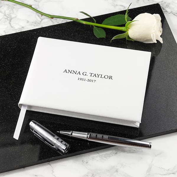 Engraved White Leather Memoriam Book