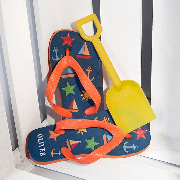 All The Fun At The Beach Child's Personalised Flip Flops In Navy