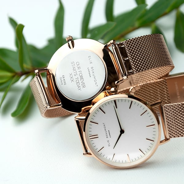 Personalised Rose Gold Mesh Strapped Watch With White Dial