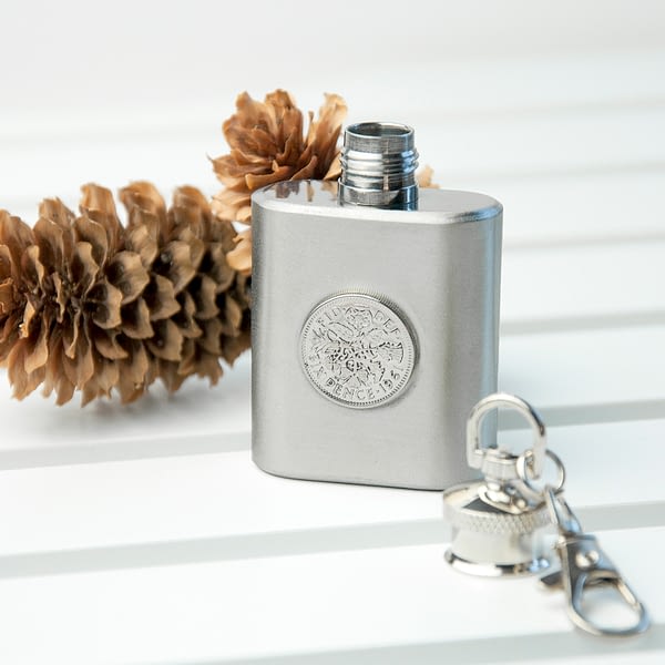 Personalised Silver Plated Lucky Sixpence Mini Hip Flask