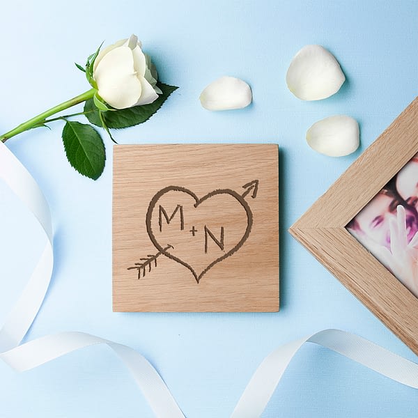 Personalised Carved Heart Oak Photo Cube