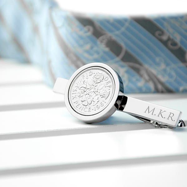 Personalised Silver Plated Lucky Sixpence Tie Clip