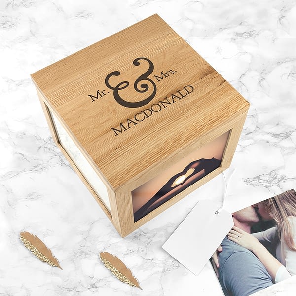 Classic Mr & Mrs Oak Photo Keepsake Box