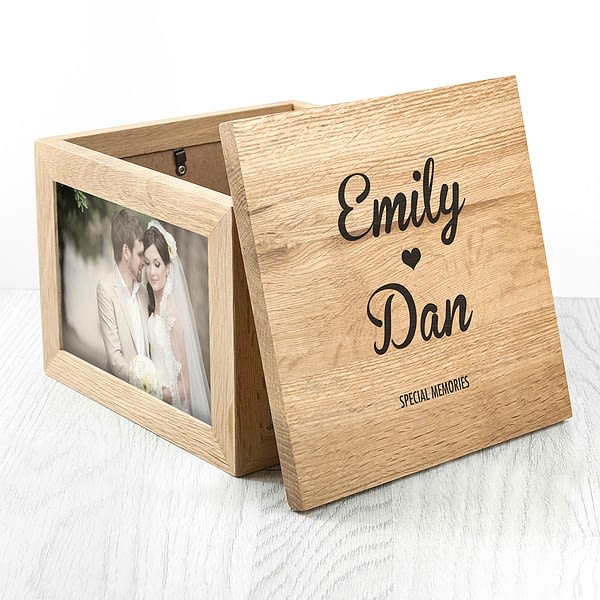 Oak Photo Keepsake Box Couple Name and Heart