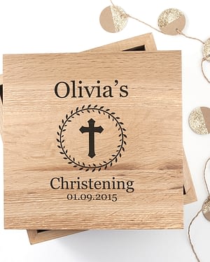 Christening Cross Oak Photo Keepsake Box with Leaf Frame