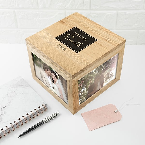 Contemporary Mr & Mrs Oak Photo Keepsake Box