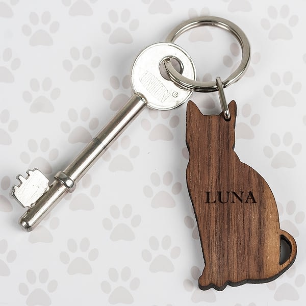 Walnut Wood Cat Shaped Keyring