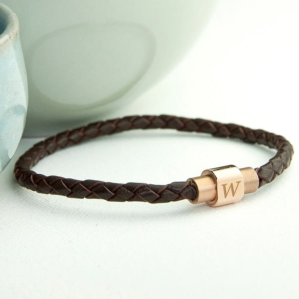 Personalised Men's Woven Leather Bracelet With Gold Clasp