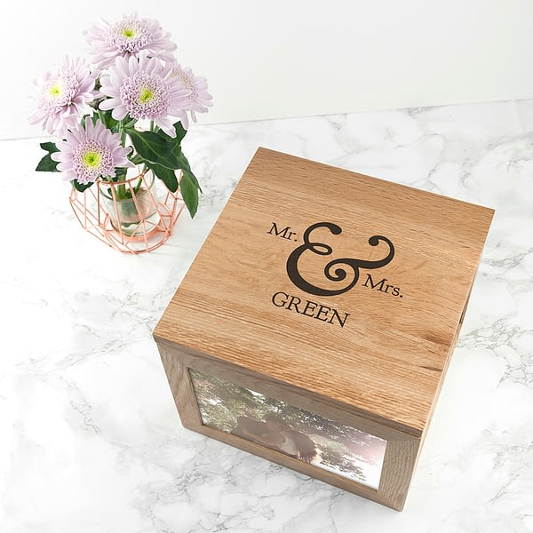 Classic Mr & Mrs Oak Photo Keepsake Box