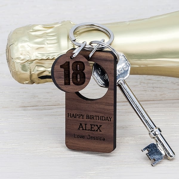 Happy Birthday Walnut Keyring