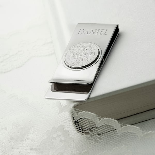 Personalised Silver Plated Lucky Sixpence Money Clip