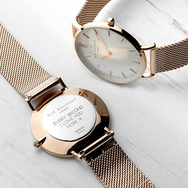 Personalised Rose Gold Mesh Strapped Watch With White Dial