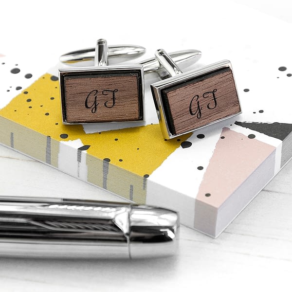 Monogram Engraved Rectangle Walnut Cufflinks