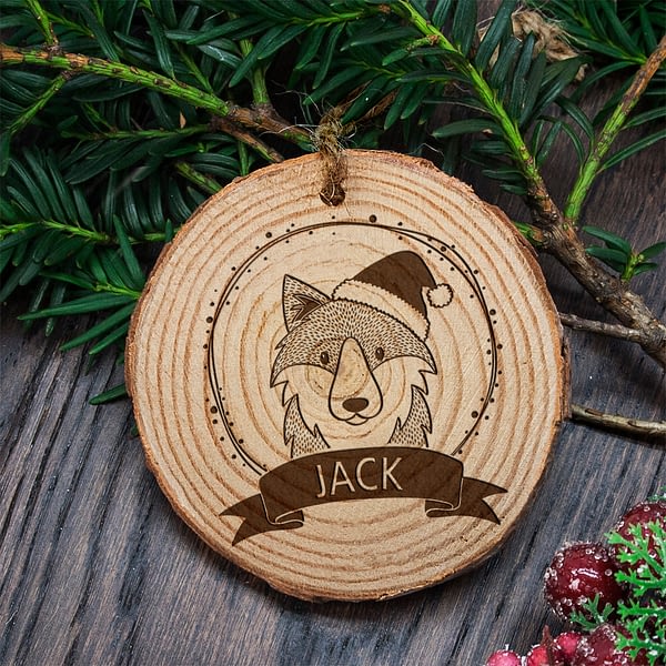 Personalised Woodland Wolf Christmas Tree Decoration