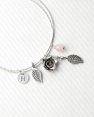 Personalised English Rose Bracelet With Rose Quartz Stones