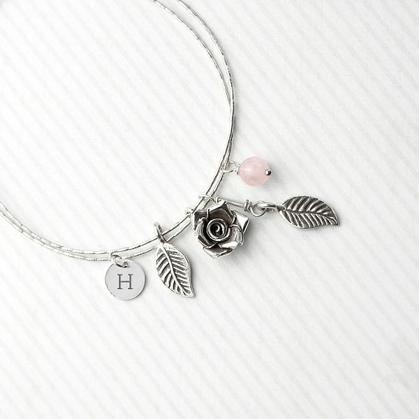 Personalised English Rose Bracelet With Rose Quartz Stones