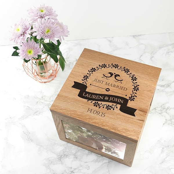 Love Birds' Oak Photo Keepsake Box