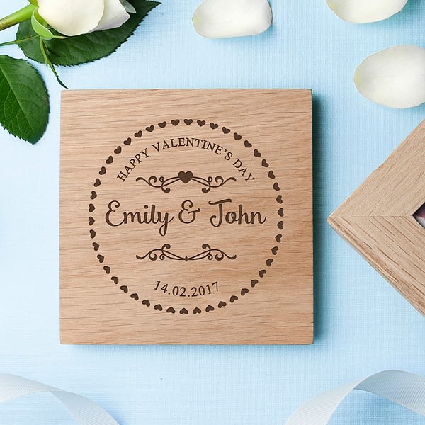 Personalised Romantic Heart Frame Oak Photo Cube