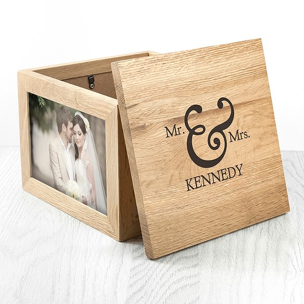 Classic Mr & Mrs Oak Photo Keepsake Box