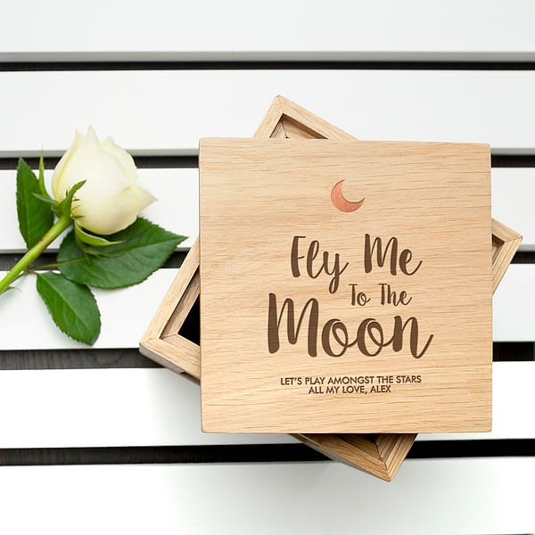 Personalised Fly Me To The Moon Oak Photo Cube