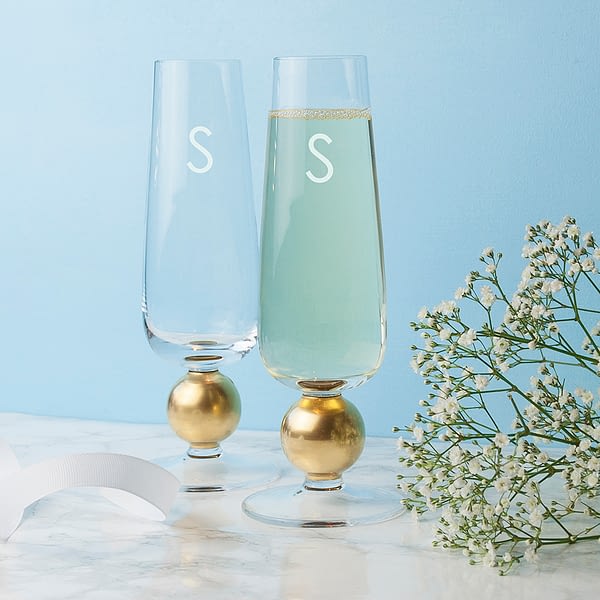 Personalised LSA Set Of Two Gold Champagne Glasses